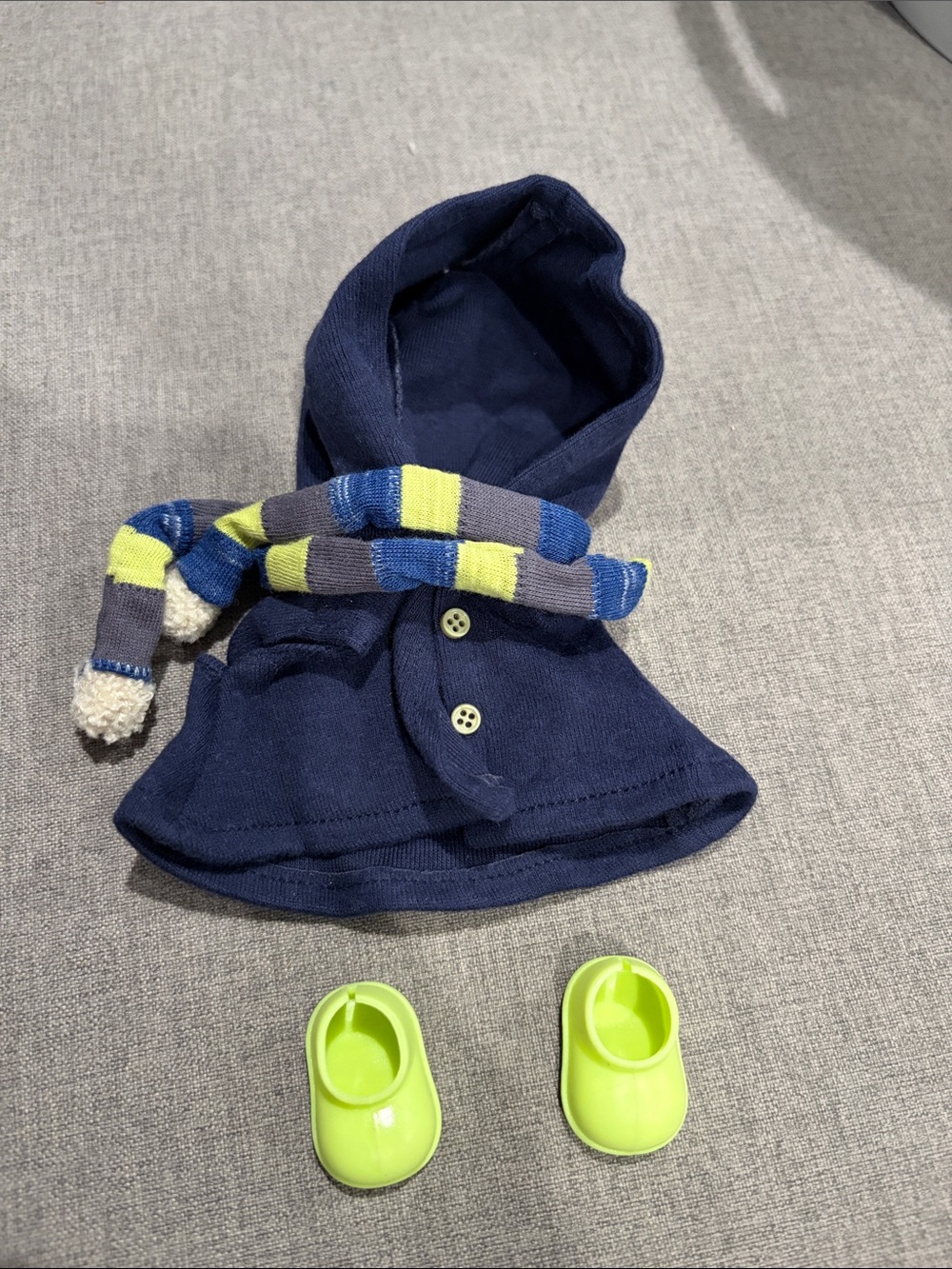 Labubu or Small Doll Navy Hooded Coat with Lime Green Shoes and Striped Scarf